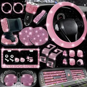NBTEPEM 27-Piece Pink Rhinestone Bling Car Accessories Set for Women Universal Fit Interior Decorations Luxury Rhinestone Design Easy Installation Exquisite Gift