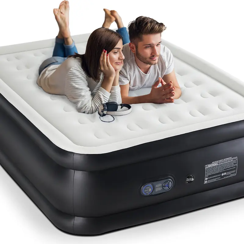 Sweetcrispy Rectangular Inflatable Blow Up Bed with Built-in Low-Noise Pump, Comfortable Flocked Surface, Adjustable Firmness, 600 lbs Max Weight Capacity, Travel Ready, Folding for Couples, Outdoor Camping Gear