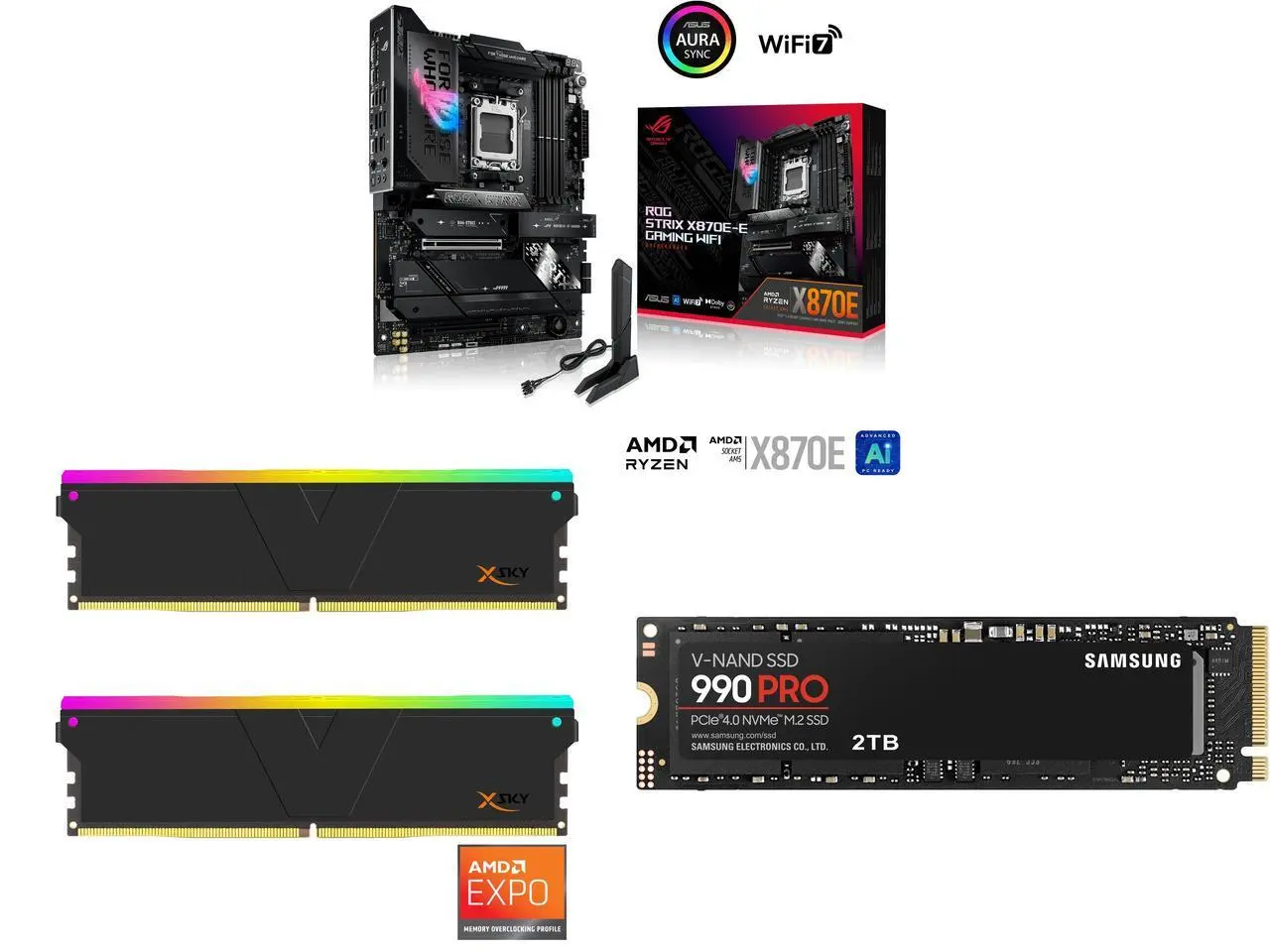 ASUS ROG STRIX X870E-E GAMING WIFI AMD AM5 ATX motherboard, 18+2+2 power stages, DDR5, WiFi 7, 5x M.2, PCIe 5.0, USB4, AI OCing. V-COLOR Manta XSky DDR5 32GB 6000MHz RGB. SAMSUNG 990 PRO 2TB SSD, PCIe Gen4, 7,450MB/s.
