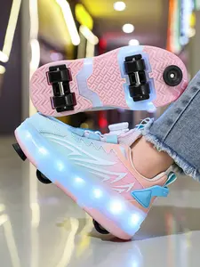 Girls' Four-Wheel Roller Skates, New Wheel Sports Shoes, Adjustable Rotating Buckle, Breathable Mesh, LED Light, USB Charging, Multifunctional Roller Skates
