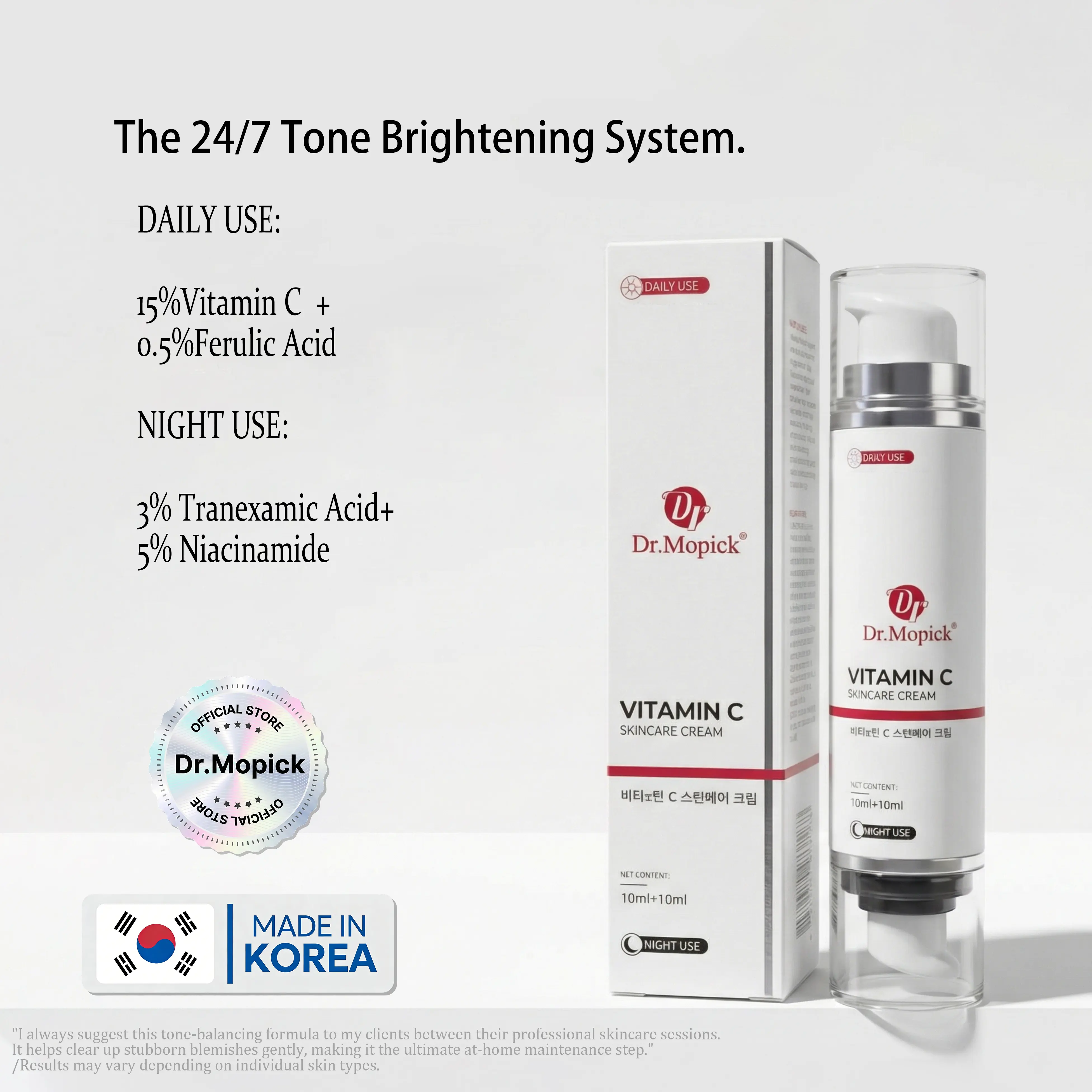 Dr.Mopick Dual Chamber Vitamin C Skincare Cream, Brightening Day and Night Serum with Tranexamic Acid and Niacinamide for All Skin Types, Long-Lasting Hydration