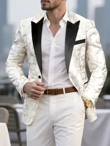 Men's Casual Fitted Suit Blazer Jacket, Long Sleeve, Luxury Floral Leaf Print Pattern Texture Outerwear, Perfect for Weddings & Parties, Fashion Essential for All Seasons
