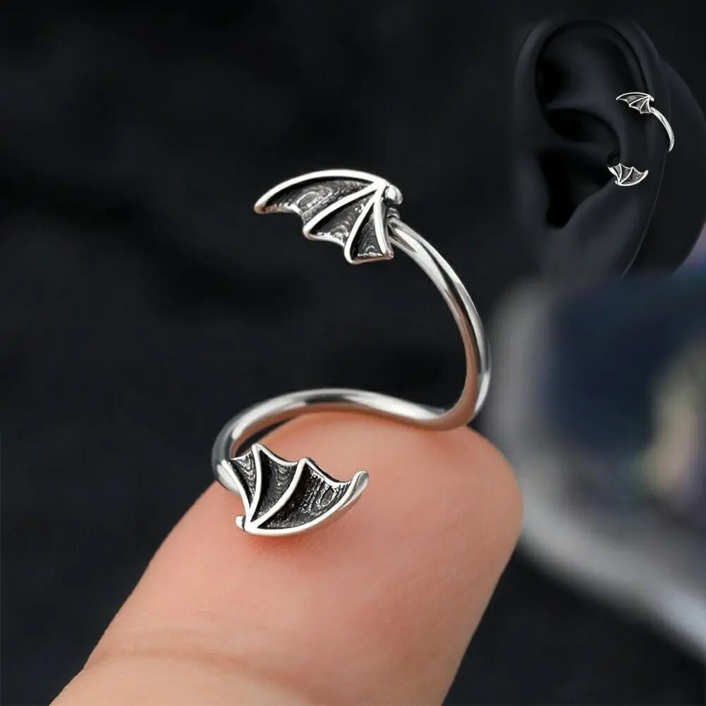 OUFER 16G 316L Stainless Steel S-Shaped Black Bat Wing Cartilage Ring - Body-Safe Piercing Jewelry with Charms, Edgy Touch, Stylish Accessories for Women's Daily Wear
