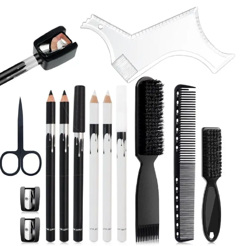 Professional Beard Shaping & Hairline Tool Kit – 13-Piece Men’s Grooming Set with Black & White Barber Pencils, Edging Template & Brushes