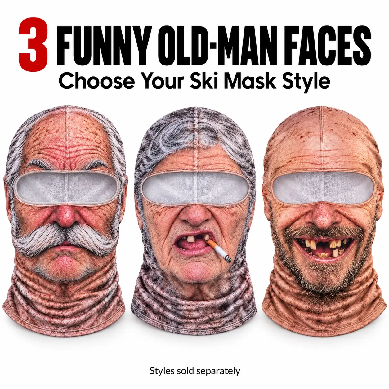 3D Realistic Print Old Man Ski Mask - Full Head & Neck Coverage Balaclava, Eye-Focused Accessory, Cool Gifts for Adults, Funky Masks for Halloween & Costume Parties