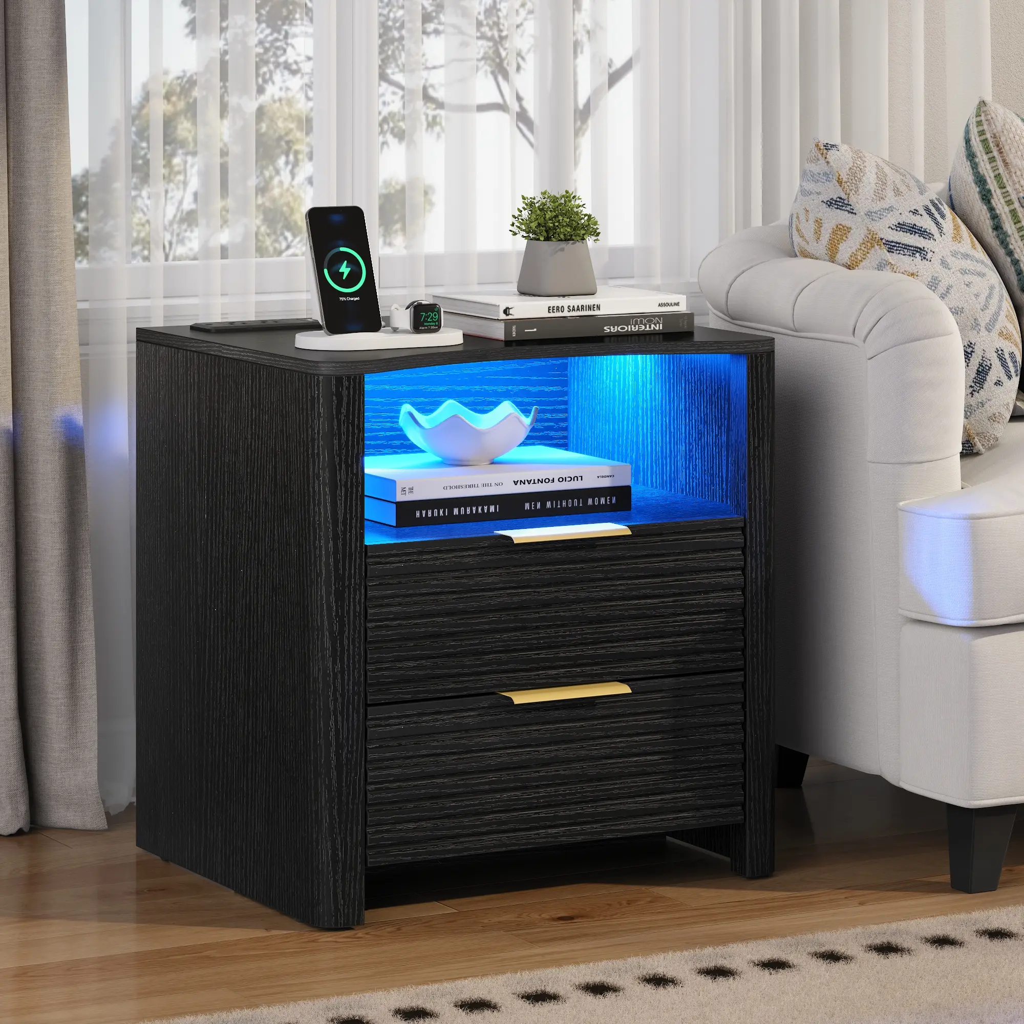 Gyfimoie Fluted Night Stand with Charging Station, Black Nightstand with LED Lights, Modern Bedside Table with 2 Large Drawers, End Table with Open Storage Shelf, Led Vanity Dresser