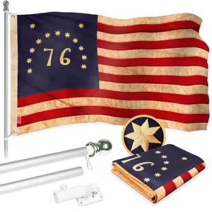 G128 Combo Pack: 6 Ft Tangle Free Aluminum Spinning Flagpole (Silver) & Bennington 76 Tea-Stained Flag 3x5 Ft, ToughWeave Pro Series Embroidered 420D Polyester | Pole with Flag Included