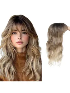 Women's Wig Hair Block, 22 Inch Natural Voluminous Water Wave Long Curly Hair Top Wig Piece, Air Bangs Wig for Women, Hair Replacement Blocks, Synthetic Hair Wigs