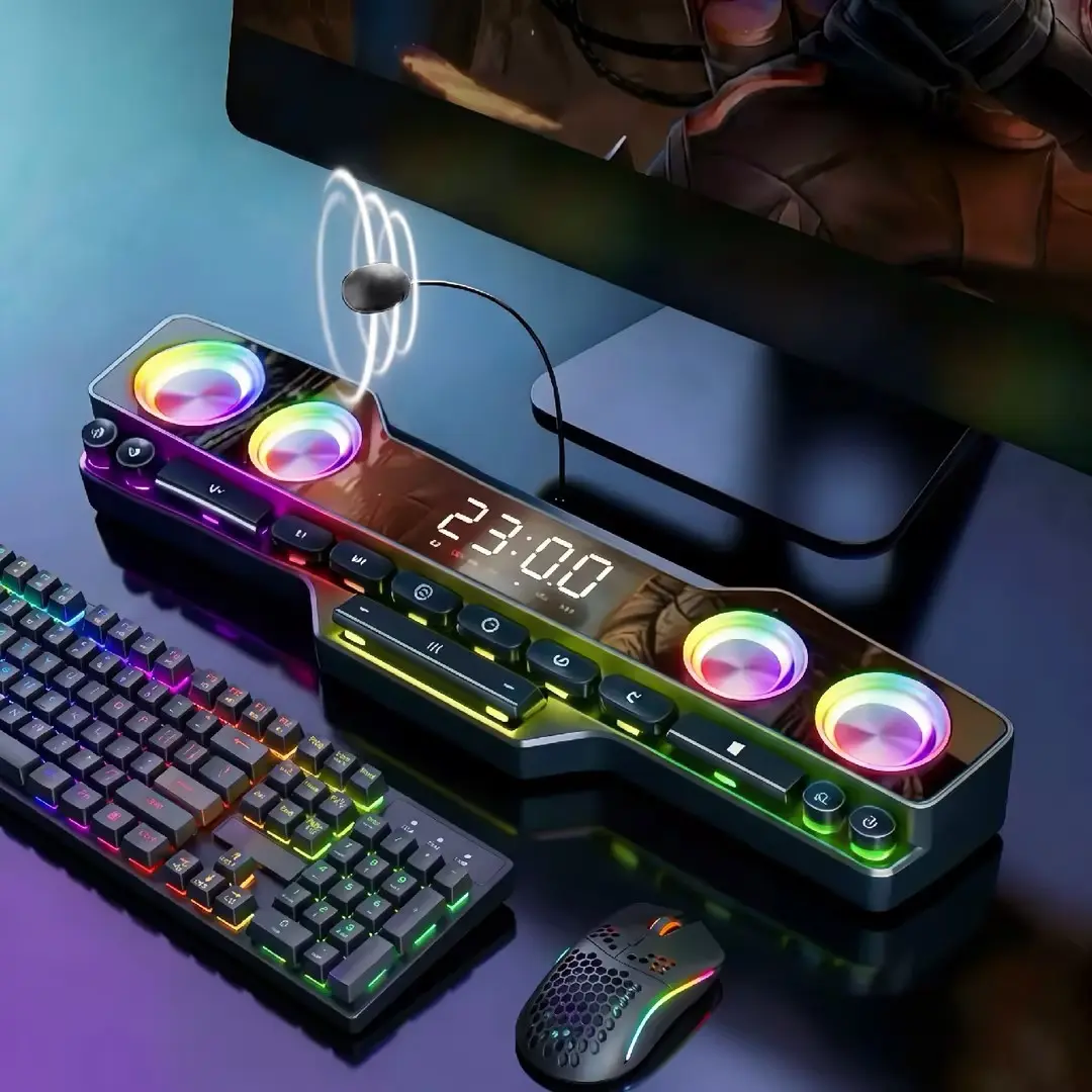 Bluetooth RGB Gaming Speaker with Mic, Wireless Desktop Sound Bar, Immersive Stereo Audio, Color LED Lighting, 3600mAh Long Battery Life, Footstep Sensor, USB Powered Gamer Speaker for Boys & Teens