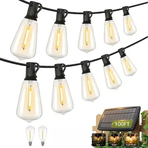 100FT Solar String Lights Outdoor Waterproof with Remote Control Solar Patio Lights 28 shatterproof LED Bulbs for Porch Garden Market Bistro Patio Backyard Fence