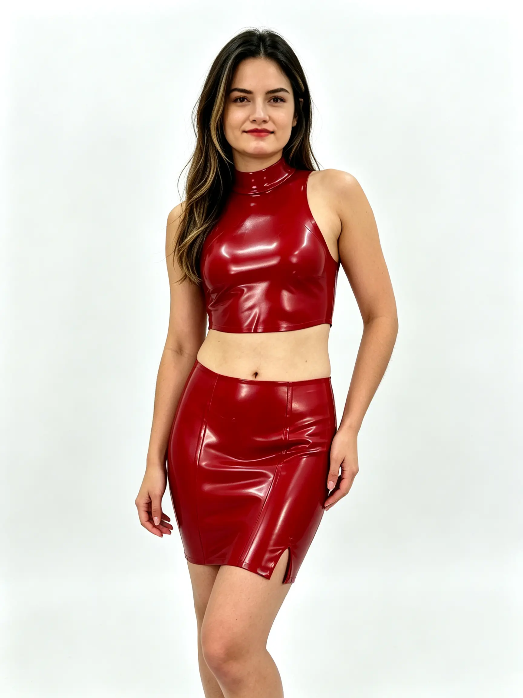 Latex Short Skirts for Women 2 Piece Outfit, Sleeveless Turtleneck Crop Top and Short Bodycon Skirts with Back Zip Handmade Natural Latex Pencil MiNi Skirts Bodysuit Casual