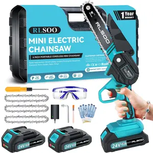 Mini Chainsaw 6 Inch, RLSOO Cordless Power Chain Saws with 2 Batteries and 2 Chains, Portable One-Hand Use Electric Chainsaw with Safety Lock, Handheld Chainsaw for Wood Cutting Tree Trimming