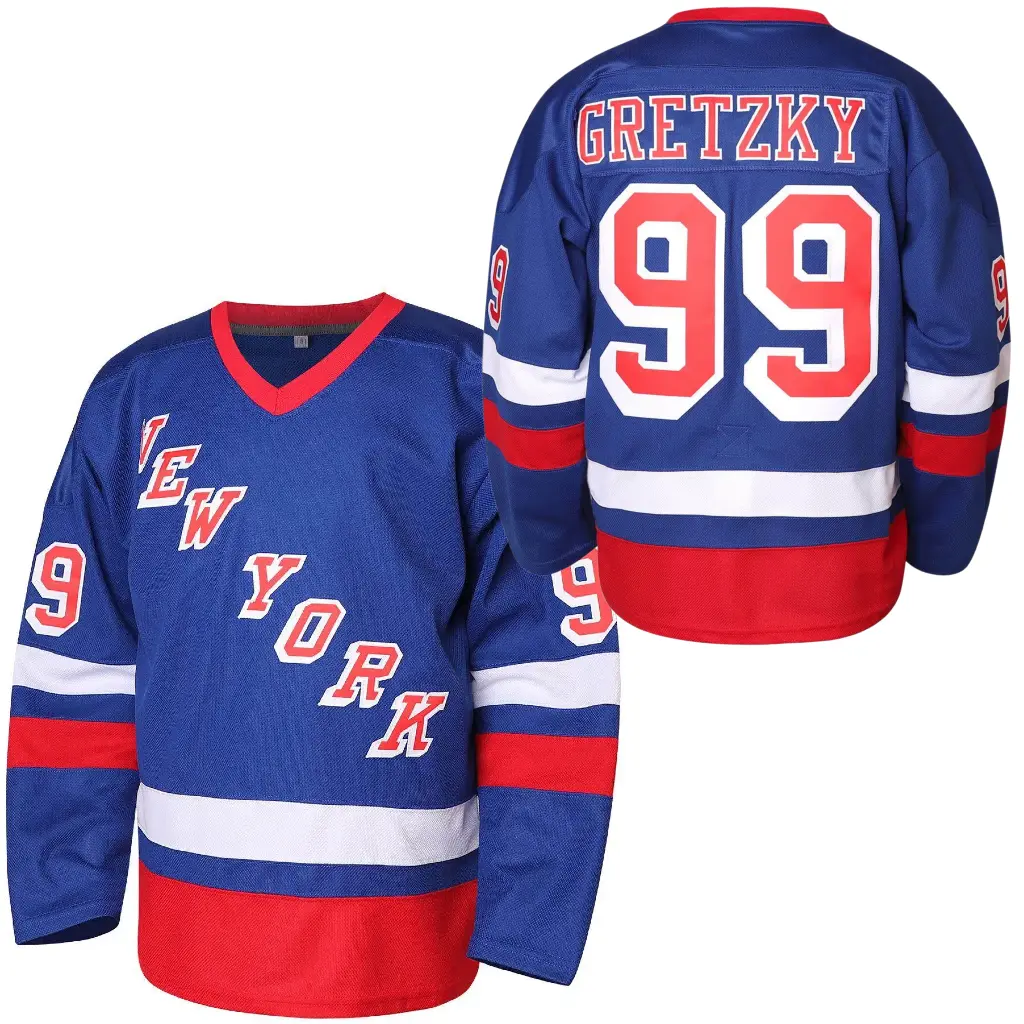 Men's blue V-neck #99 hockey jersey, polyester fiber embroidery breathable sports shirt, suitable for training and leisure wear