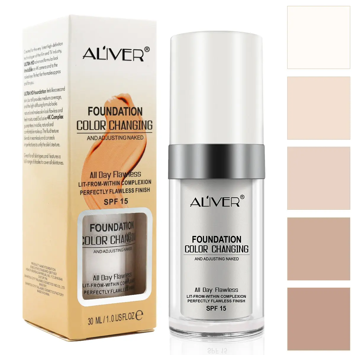 ALIVER Colour Changing Liquid Foundation with Vitamin C, SPF 15 Sun Protection for Uneven Skin Tone, Hydrating Concealer & Foundation Makeup Base for Women, 30ML, Cosmetic, Moisturize campingessentials, Hydrate, Bottle, Flawless Complexion, Natural Look