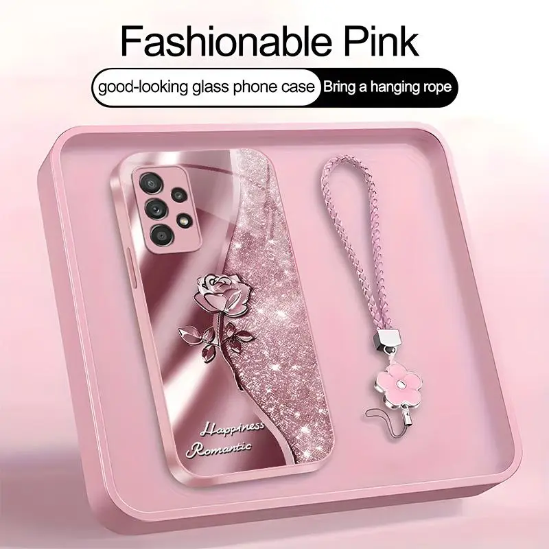 Suitable for [Galaxy A52 5g] high-end phone case，a beautiful four-leaf clover lanyard is included,printed case, no glitter，exquisite high-quality rose pattern,a variety of colors are available for you to choose from YM99