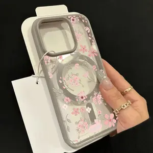 A Phone Case Featuring a Design of Small Pink Flowers in Graffiti Style Magnetic Case for iPhone 17 Pro Max Air 16 16e 15 14 Plus 13 12 11 X XS Transparent Acrylic Scratch-resistant skin-friendly feel Smartphone Cover Gift Protective Protection