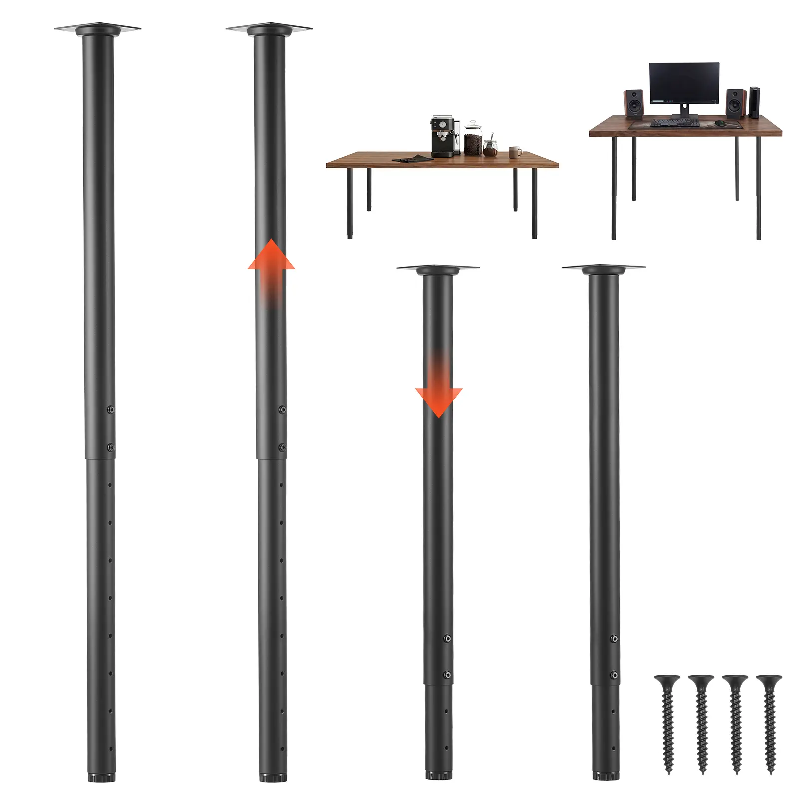 VEVOR 4 PCS Flat Black Powder Coated Carbon Steel Furniture Legs, 24-40 in Adjustable Height, 1200 lbs Exceptional Load Capacity, Fingerprint-Resistant, Easy to Install, Ideal for Home Office Desks, Workbenches, Durability, Resists Fingerprints