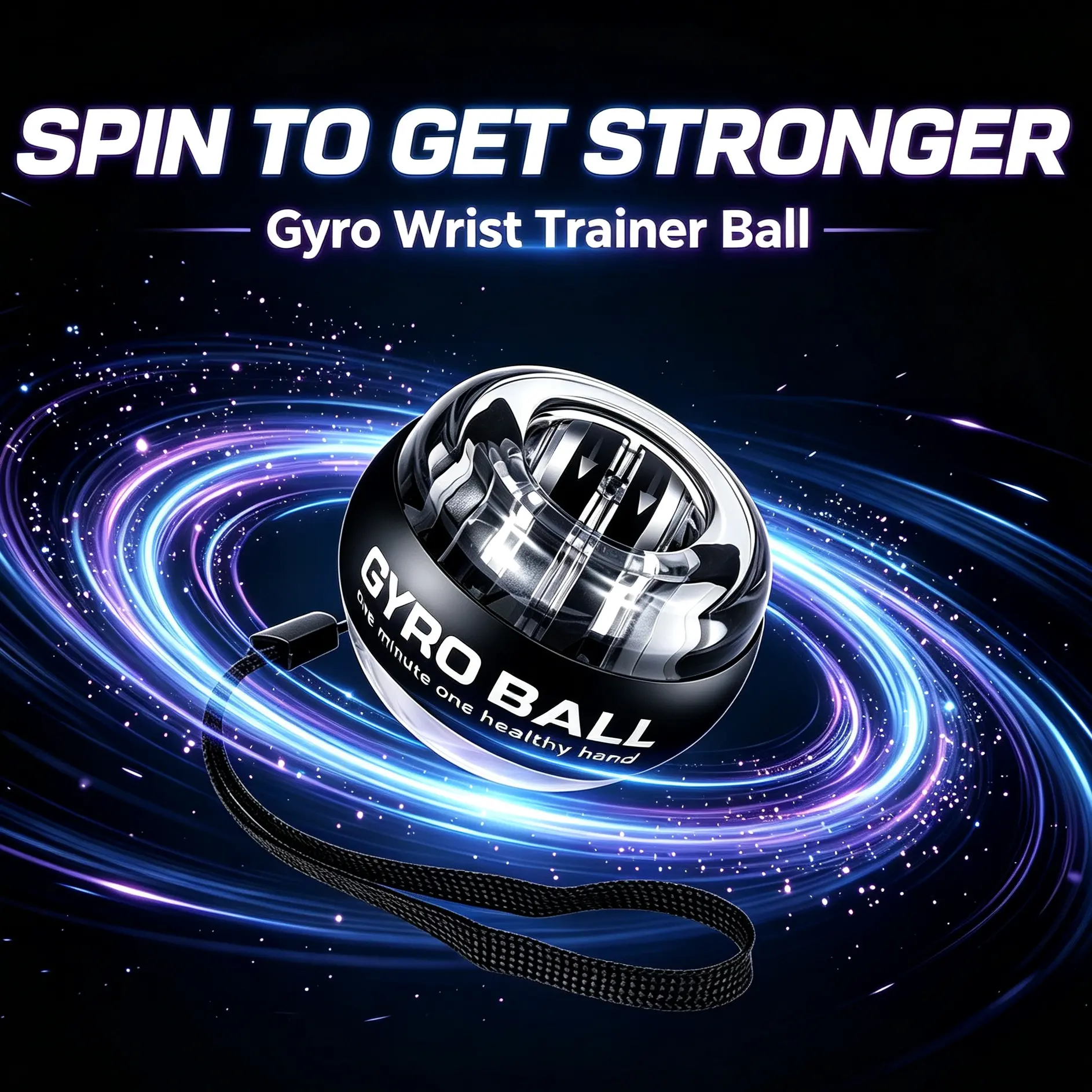 Spring Steel Core Wrist Gyro Ball Hand Grip Strengthener with Safety Strap - Compact ABS Plastic Forearm Trainer for Gym Fitness & Office Relief