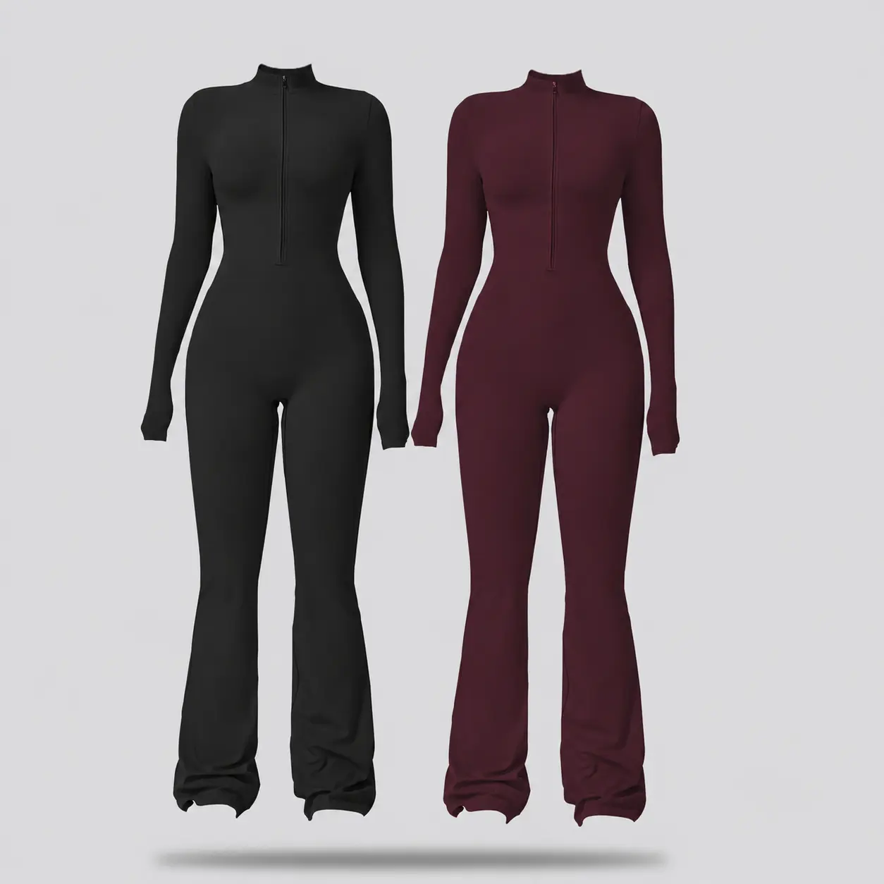 Women's Summervibes Long Sleeve Flare Solid Color Jumpsuit - Zipper 1-Piece, Wide Legs, Stretchable Activewear, Sports Outfits, Move With Ease Full Jumpsuit for Outdoor Fun