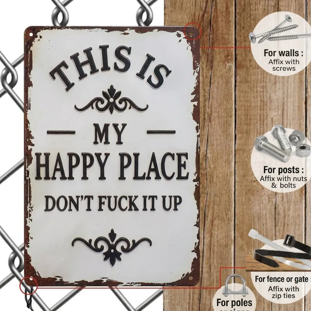 NatureVibe 8x12-Inch Rustic Handmade Durable Iron Metal Wall Plaque - Decorative Letter-Based "This Is My Happy Place" Farmhouse Home Décor for Bedrooms, Kitchen, Character-Based