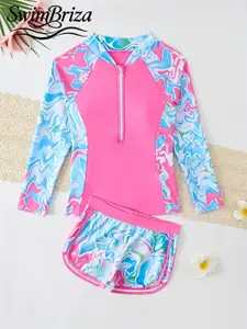 Briza｜Long Sleeve Tankini Swim Shirt In Pink Blue Swirl Print As A Tankini Swimsuits Set, Fun Tankini Suit With Tankini With Shorts, Swimsuits 2 Piece Two-Piece Swimsuit Bathing Suit, Bathing Suits 2 Piece Set, Bathing Suits For The Summer