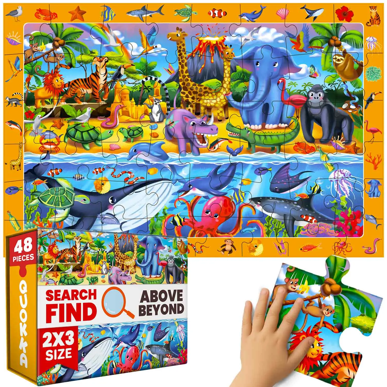 QUOKKA Kids' Jigsaw Puzzle, 2x3 FT Jungle Theme Floor Puzzle for Ages 4-8, 48 Large Pieces with Observational Search & Find Fun, Jigsaw Puzzles