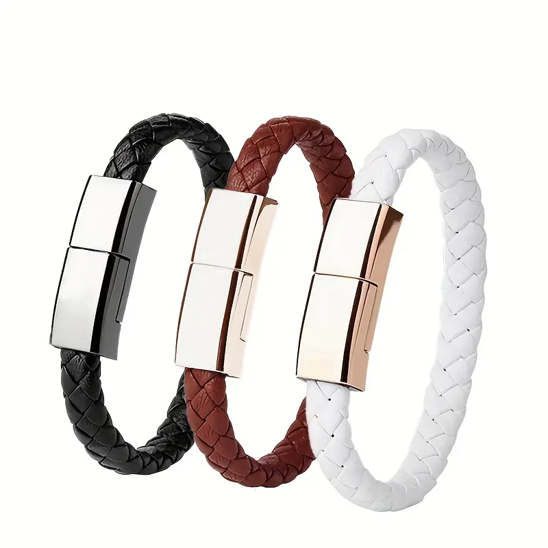 Wearable USB Charging Bracelet with Double Braids - Fashionable Electronic Universal Charger, USB-A Plug Compatible with Lightning/Type-C/Micro Devices, Ideal Smartphone Accessory Gift