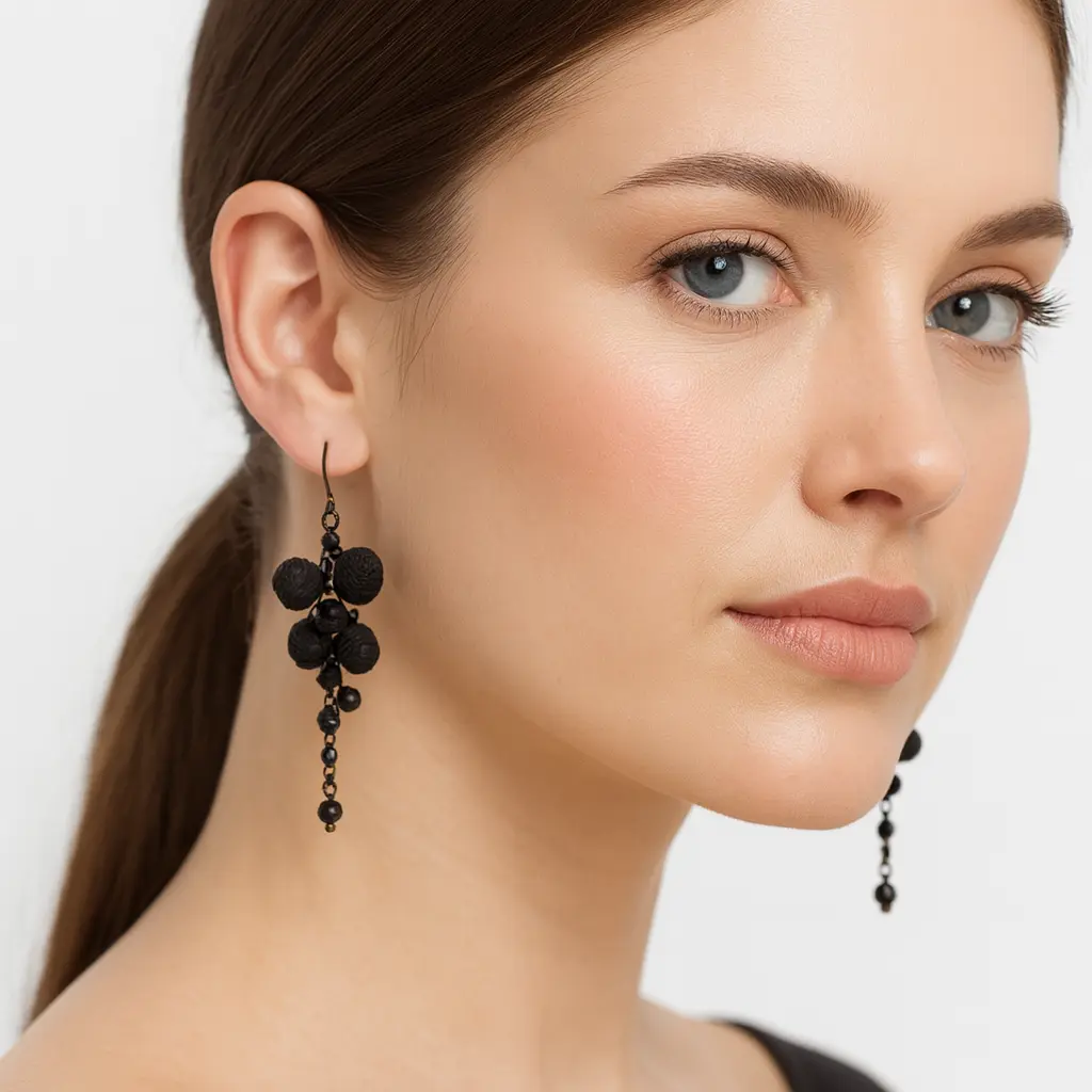 Bronze Long Dangle Earrings with Black Cotton Roses & Genuine Crystals