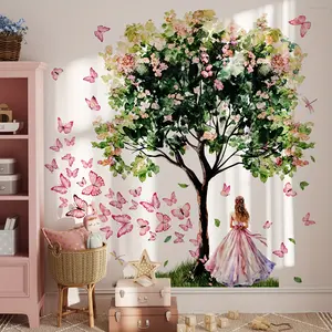 A set of 2 pieces (30*90cm*2pcs) Princess Back under the Big Tree with Pink Butterflies Wall Stickers Wall Decal, Living Room Bedroom Home Background Decoration Stickers M19017-NC, Decoration Items