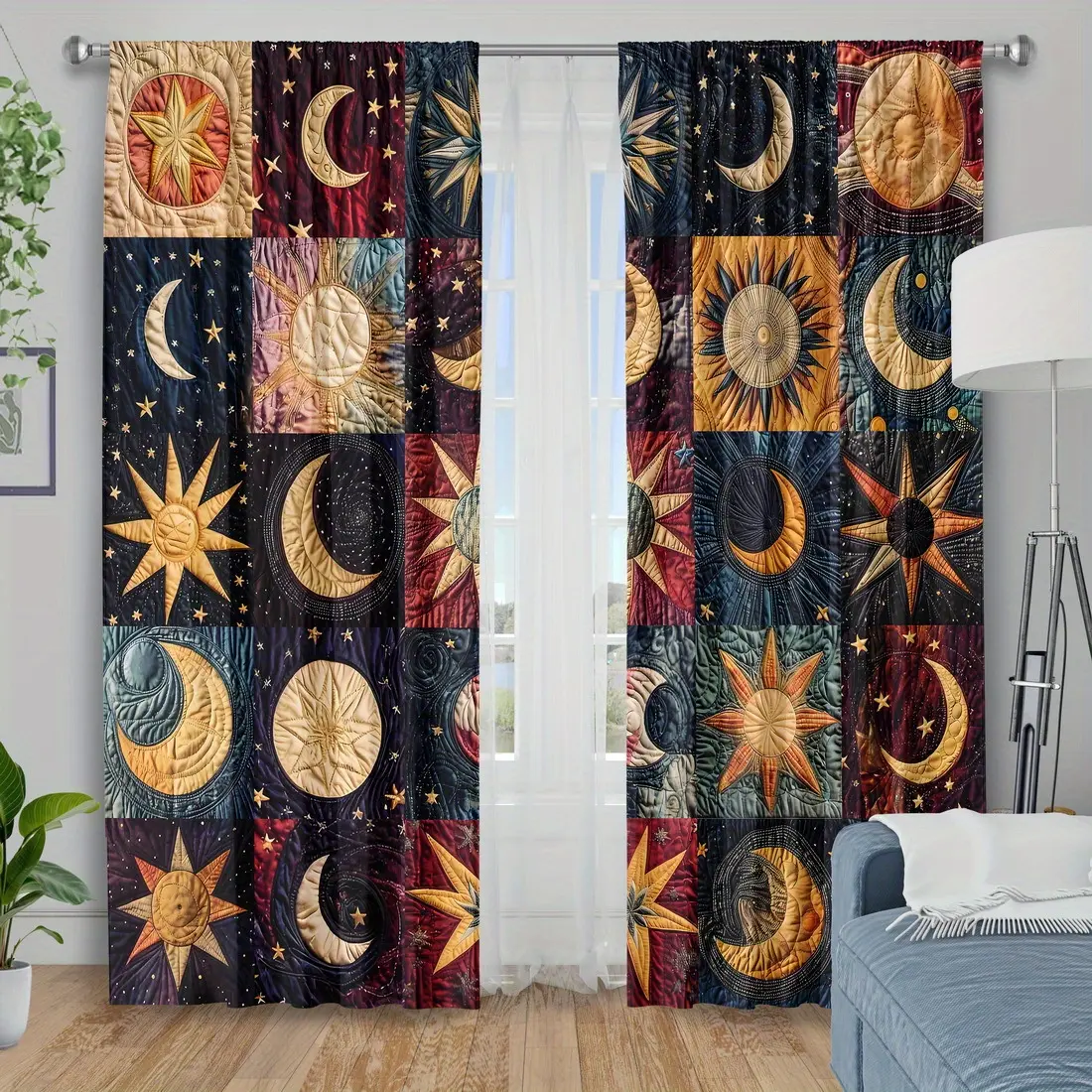 2-Pack, dark red, navy blue sun and moon phase textured curtains, Home Decorative Curtain, suitable for home decoration, astronomical theme art design