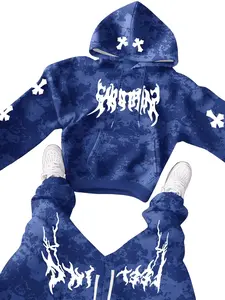 Men's Fashion Tie-Dye Hoodie & Ribbed Pants Set, American Street Print Style Men's Outfit