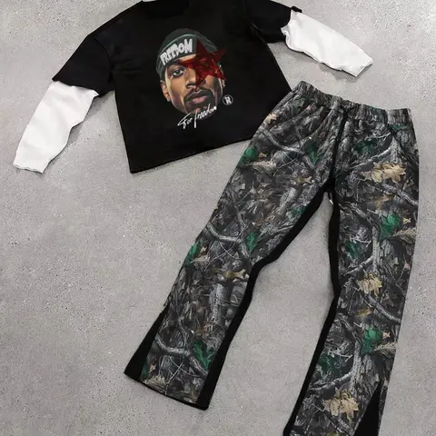 Men's Two-Piece Set, Colorblock Figure Print Tee & All over Print Flare Leg Pants, Casual Street Style, Spring & Fall Fashion