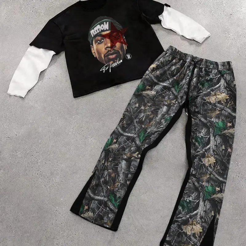 Men's Two-Piece Set, Colorblock Figure Print Tee & All over Print Flare Leg Pants, Casual Street Style, Spring & Fall Fashion