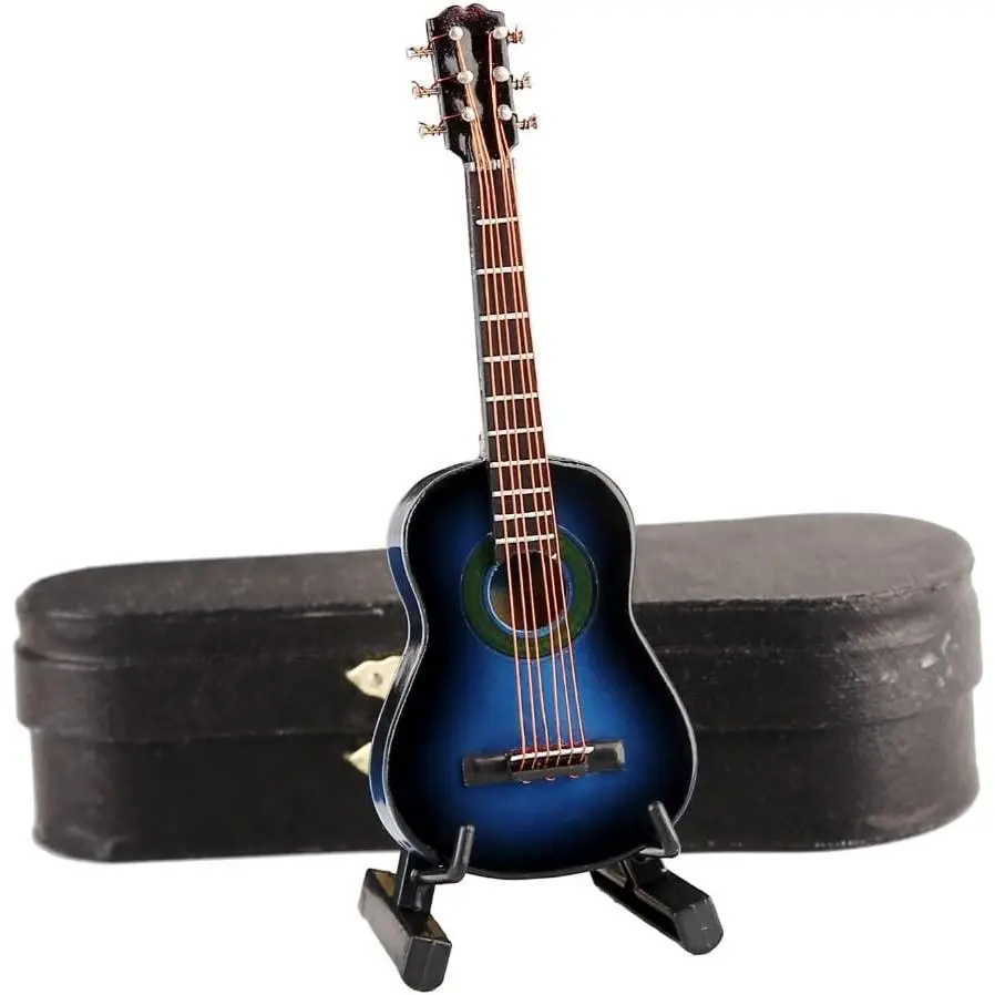 Wooden Miniature Guitar with Stand and Case - Smooth Decorative Classic Replica, Music Lovers' Collectible Ornament for Home Display with Realistic Strings for Added Depth