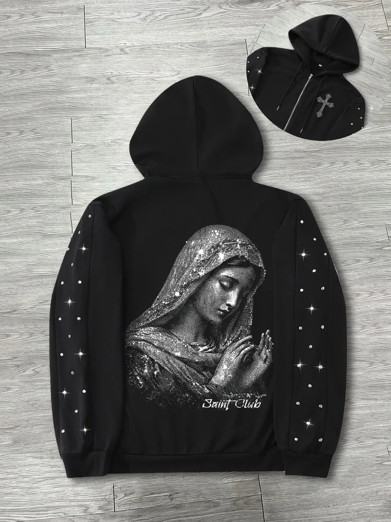 Men's Casual Zip Hoodie, Bottom Silver Saint Statue + Cross Hidden Graphic Pattern, Regular Fit, Fall & Winter Fashion