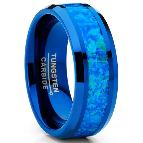 Men's 8mm Comfort Fit Hypoallergenic Tungsten Band - Blue and Green Crushed Opal Artificial Gemstone, Hypoallergenic Jewelry for Adults, Men's Jewelry, Wedding Rings, Engagement Ring Gift