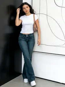 Butt Lifting Bootcut Jeans Stretchy Casual Trendy Flare Leg High Waist Button Fitted Minimalist Women's Bottoms Basic Trousers for Everyday Wear