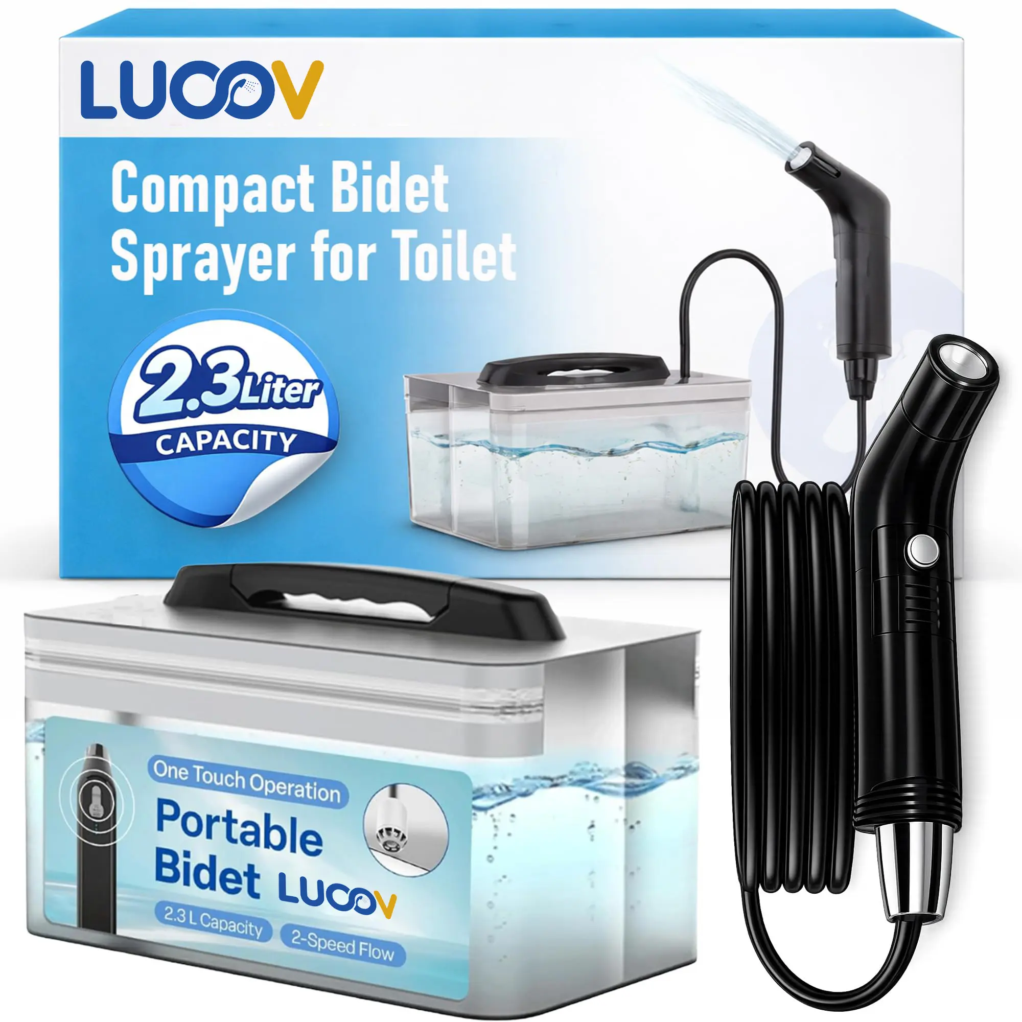 Compact Portable Electric Travel Bidet for Men & Women, USB Rechargeable, 2.3L Water Container, 1-Touch, 2-Speed Flow Adjustable Spray, Camping Outdoor Personal Care Hygiene Device