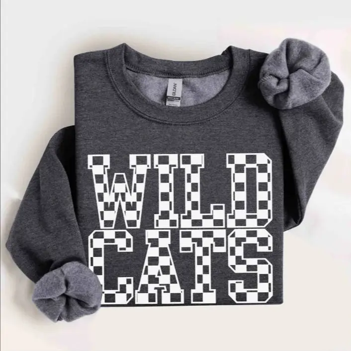 Wildcats Checker Sweatshirt, cute sweatshirts, retro, trendy, school spirit, football, basketball, mom, baseball, volleyball Cotton Top