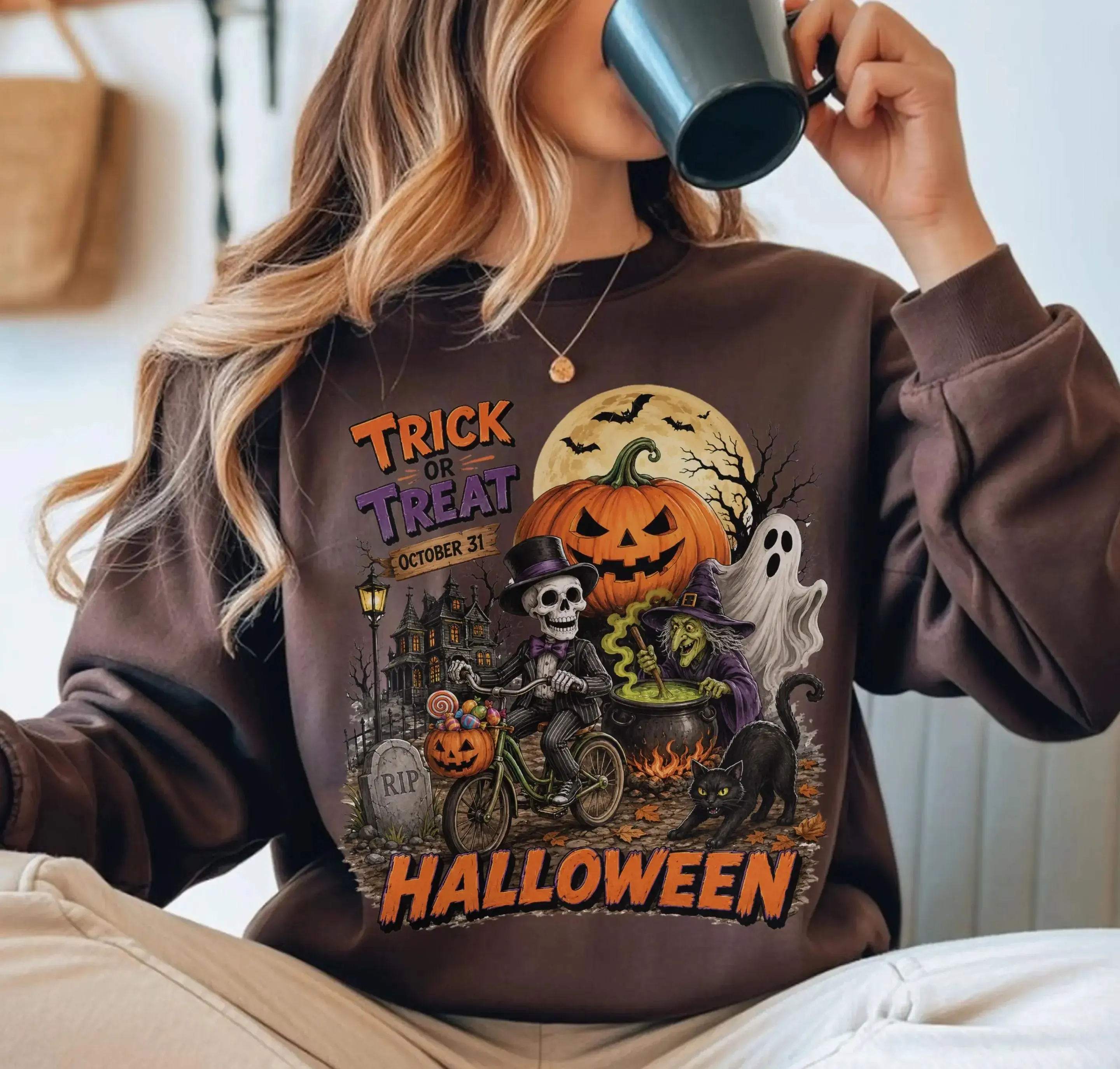 Trick Or Treat Halloween Sweatshirt, Spooky Pumpkin Sweatshirt, Skeleton Fall Holiday Crewneck, October Gift for Women and Men, Spooky Season Graphic Pullover, Autumn Aesthetic Apparel, Cute Ghost Witchy Vibes Sweater, Retro Halloween Outfit