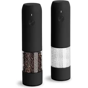 Electric Salt and Pepper  Set, USB Rechargeable, Automatic Salt and Pepper Mill  with Adjustable Coarseness, Electric Salt Shakers, LED Light, Refillable (2 Packs, Black)