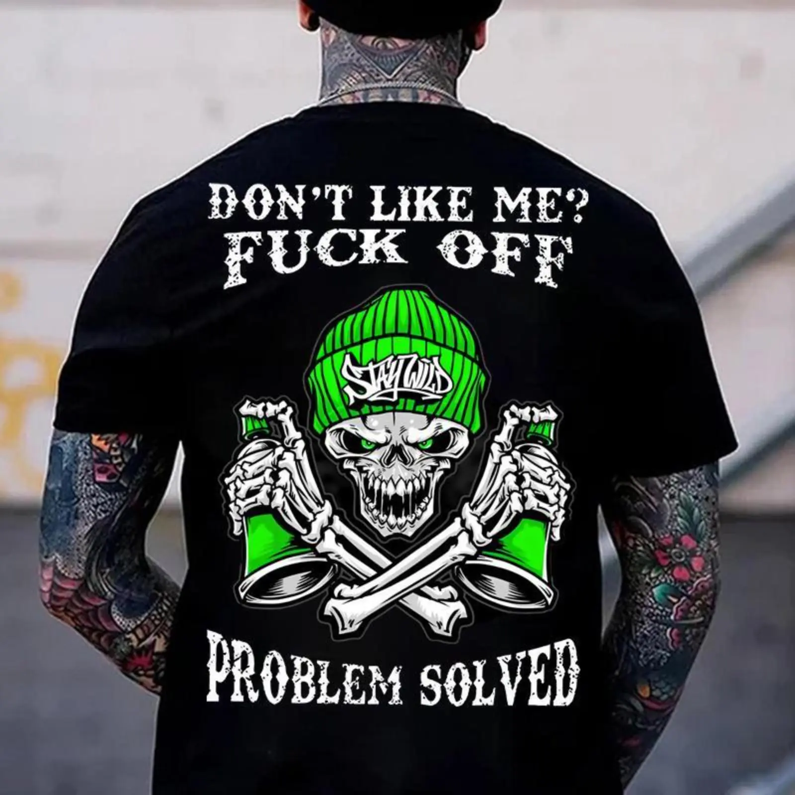Men's Cotton Graphic T-Shirt - Tattooed Graffiti Skull Print, Short-Sleeve Streetwear Top, Casual Menswear, Aesthetic Tattoo Merch, Vintage Classic Fabric Summer Outfit
