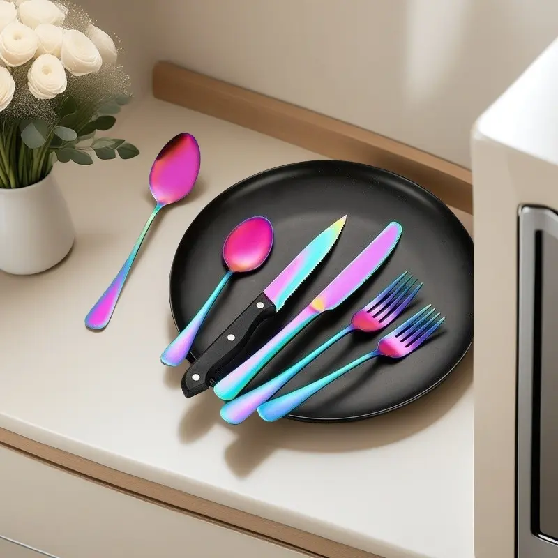 24-Piece Rainbow Modern Oval Stainless Steel Cutlery & Tableware Set - Serves 4 (1-5 People), BPA-Free, Chip-Resistant, Heat-Resistant, Dishwasher-Safe with Forks, Knives, Spoons, Teaspoons, Steak Knives for Outdoor Events, Campfire/BBQ Parties