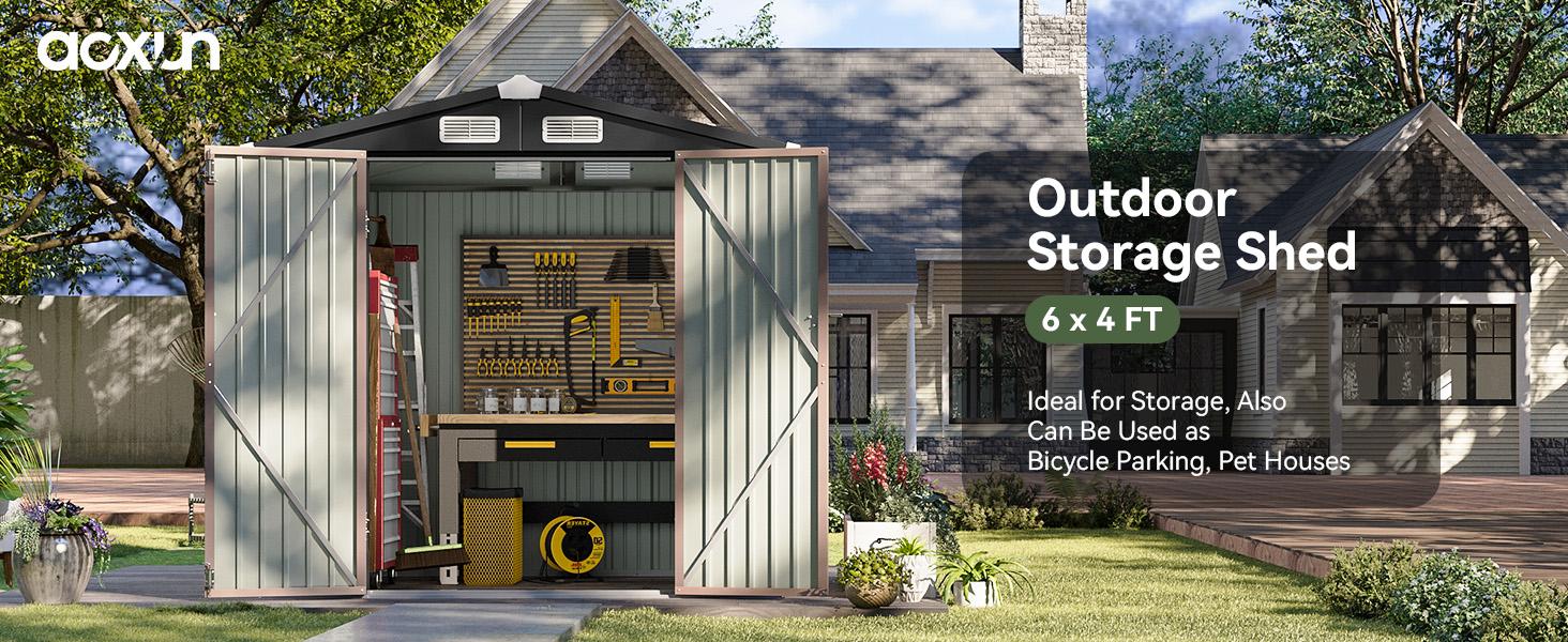 Aoxun 6x4FT Brown Galvanized Steel Outdoor Storage Shed - Reinforced Frame, Solid Panels, Sloping Roof, Lockable Door for Garden, Patio, Easy Setup