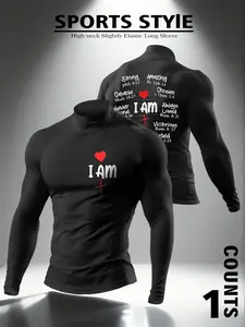 Men's Fashion High Neck Long Sleeve Thermal Shirt Athletic Compression Shirt "I AM" Inspirational Bible Print Activewear for Gym, Fitness, Fusion of Spiritual Inspiration & Fashionable Warm Sportswear, Designed for Men Who Value Both Faith & Fitness Style