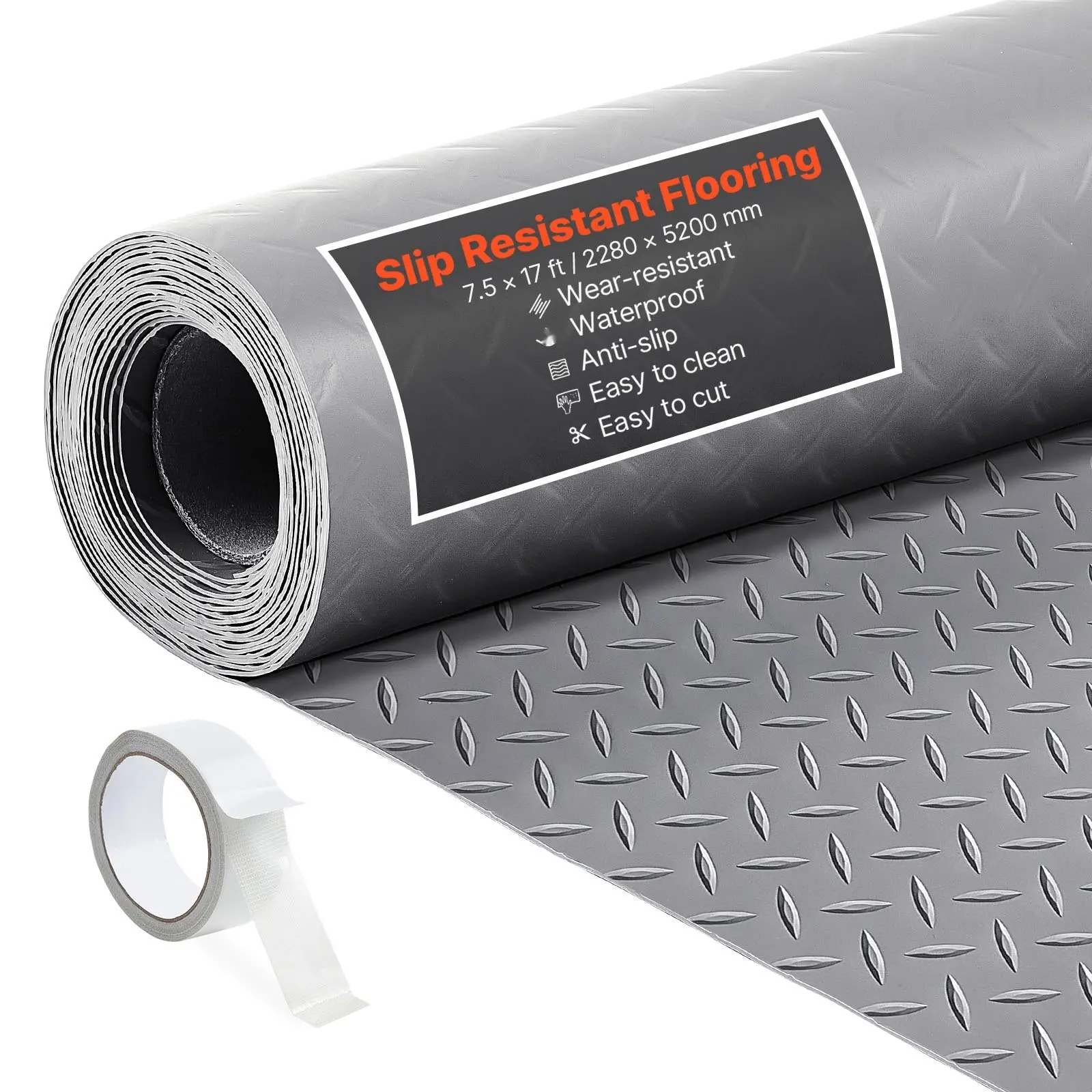 Garage Floor Roll Mat, 7.5 X 17 Feet, 2.2 Mm Thickened PVC Diamond Plate Garage Flooring Protector With Double-Sided Tape, Non-Slip, Easy To Clean, Ideal For Warehouse, Gyms, Shops, Silver Gray