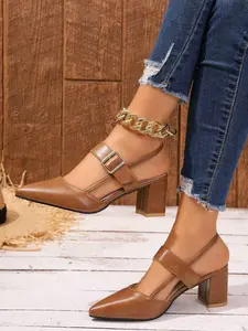 Women's Black Leather Pointed-Toe Block Heel Slingback Sandals, Buckle Strap, Minimalist Chic Style, Stable Block Heel, Perfect for Office & Casual Outings