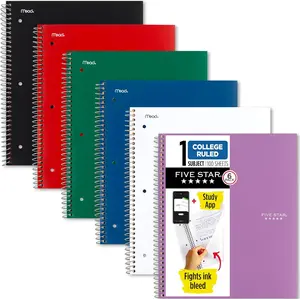 6 Pack Five Star Spiral Notebook + Study App, 1 Subject, College Ruled Paper, 8-1/2" x 11", 100 Sheets, Fights Ink Bleed, Water Resistant Cover, Assorted Colors