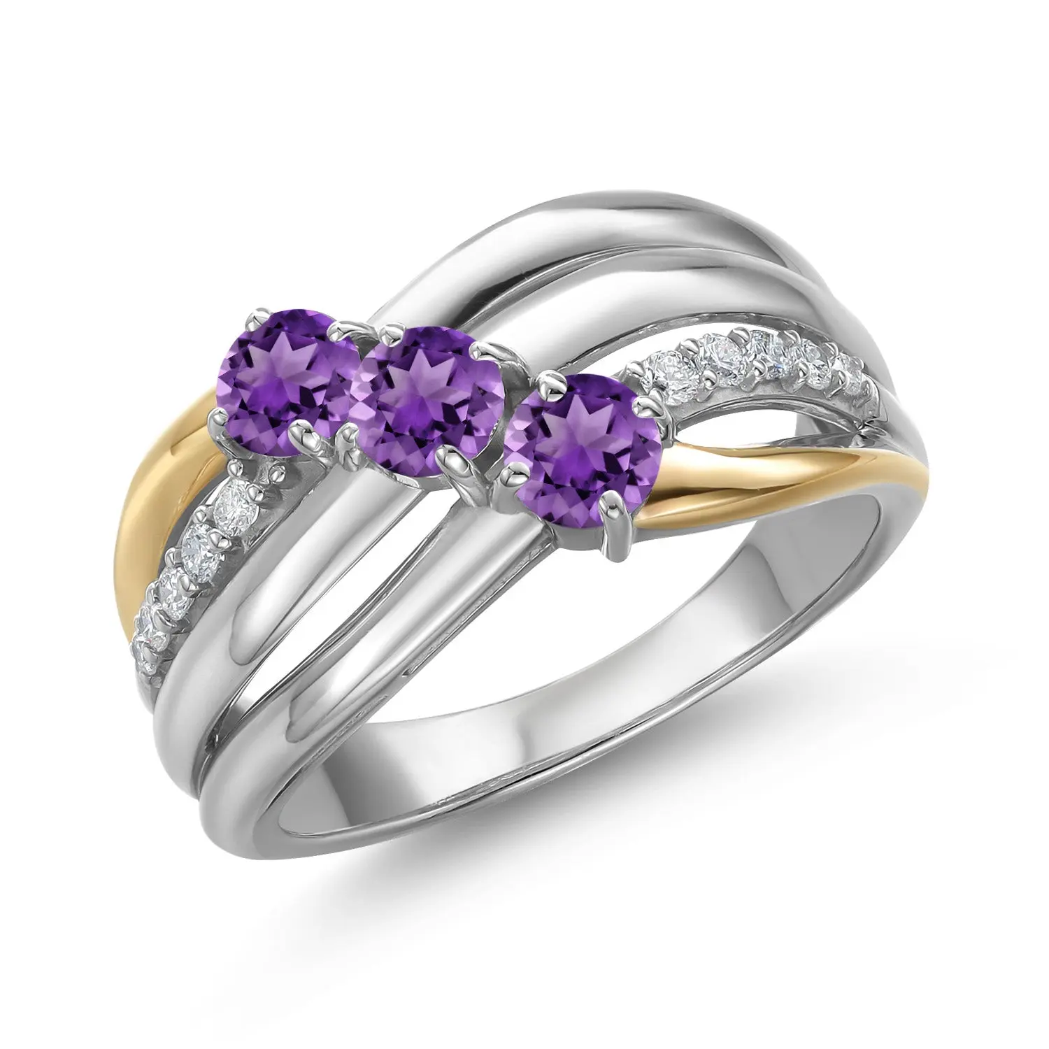 925 Silver and 10K Yellow Gold Purple Amethyst and Lab Grown Diamond Engagement Ring for Women | 0.90 Cttw | Round 4MM | Gemstone February Birthstone