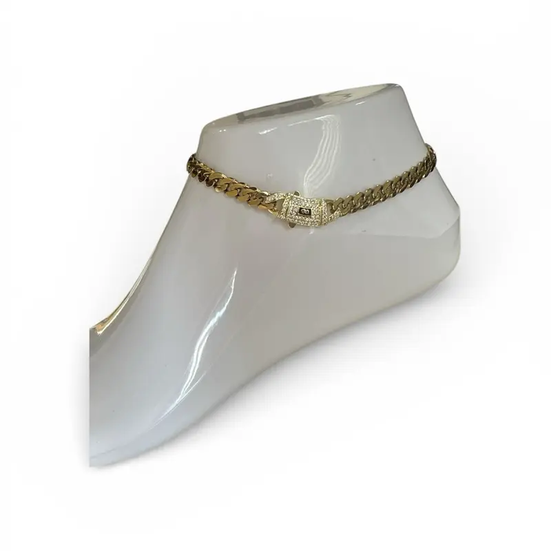 (Quick Sale) Women's 6 mm 14k Gold Plated Cuban Chain Ankle Bracelet, Zirconia Accents, Box Closure, Casual Blinged-Out Bold Design Chain Accessory Anklets, Chic Costume Jewelry Fashion Accessory